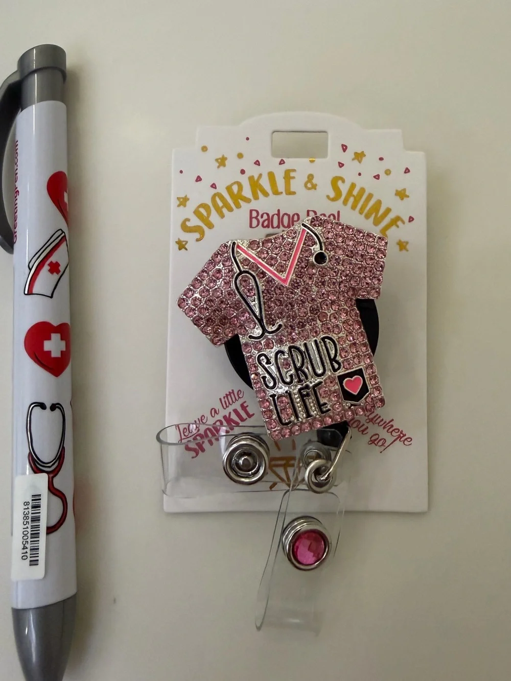 Gift Bundle SCRUB LIFE PINK Rhinestone Clip-on ID or Key Holder Nurse print Pen